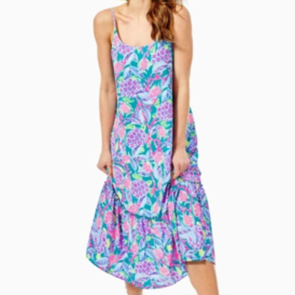 Lilly Pulitzer Winni Spaghetti Strap Ruffled Midi Dress Maldives Size Small EUC